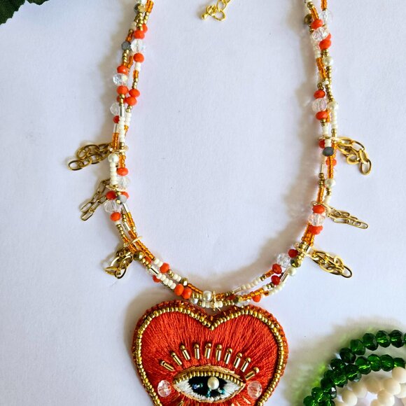 Hand Embroidered Evil Eye Necklace - Picture 3 of 5